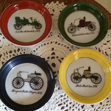 Vintage Set of Four Old Car Theme Ceramic Coasters or Trinket Trays 