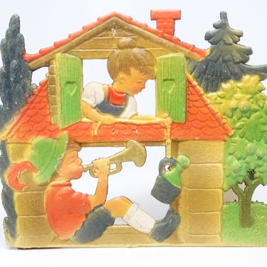 Antique German Christmas Die Cut Ornament, Vintage Boy & Girl Playing in House with Trees 