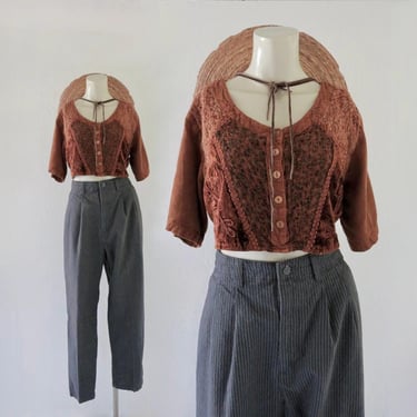 imperfect embroidered crop top - m - see details -vintage 90s y2k brown button tie back size medium short sleeve shirt blouse 