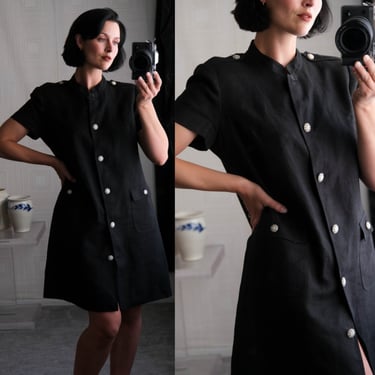 Vintage 80s Rickie Freeman for TERI JON Black Linen Mandarin Core Buttoned Shift Dress | 100% Linen | 1980s Designer Linen Duster Dress 
