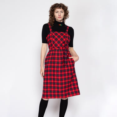 Medium 70s Red Plaid Pinafore Dress | Vintage Belted Sleeveless Wool Midi Overall Jumper Dress 