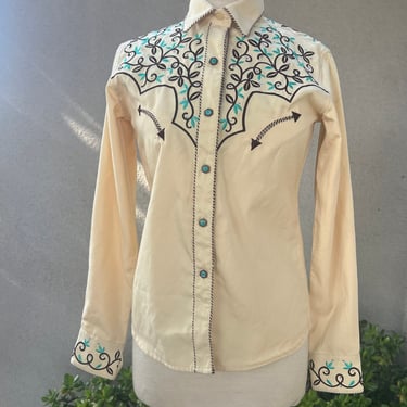Vintage western rodeo shirt yellow with brown green embroidery rhinestone XS Panhandle Slim 