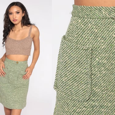 60s Mini Skirt Green Striped Wool Blend Skirt High Waisted 70s Preppy Skirt Retro Vintage Pocket Skirt Woven Skirt Extra Small xs 0 