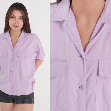 Lilac Blouse 90s Button Up Top Pastel Purple Short Sleeve Collared Shirt Basic Simple Plain Preppy Lavender Cotton Vintage 1990s Medium M 