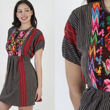 Heavily Embroidered Guatemalan Dress / Vintage Mexican Hand Woven Puebla Oufit / Bright Ethnic Embroidery / Waist Tie Belted Mini Dress 