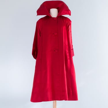 Spectacular 1950's Crimson Silk Swing Coat By Lawrence of London / OS