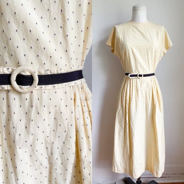 Vintage 1940s Butter Yellow French Dotted Dress / S 