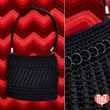 Cool Vintage 70s Black Macrame Handbag with Loops 