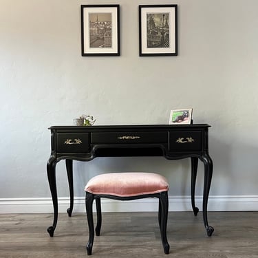 Black French Provincial Painted Vanity Desk with Fliptop Mirror and Bench 