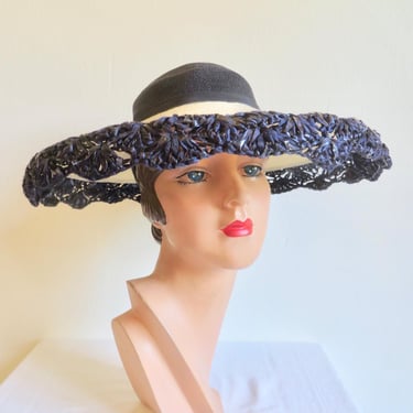 1950's Navy Blue and Creamy White Straw Wide Brim Hat Raffia Crochet Trim Silk Rose Flower Ribbon 50's Millinery Spring Summer Rockabilly 