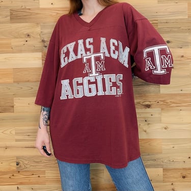 80's Vintage Texas A&M Aggies Football Jersey Style V-Neck College Tee Shirt T-Shirt 