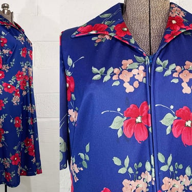 Vintage Blue Floral Dress Periwinkle House Coat Dagger Collar Flowers Shift 1960s Mid-Century Curvy Volup XL 