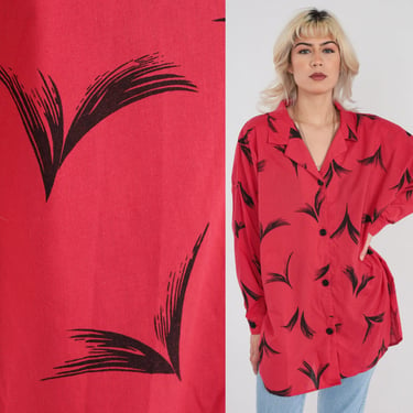 90s Blouse Red Feather Print Button Up Shirt 80s Black Abstract Pattern Rear Slit Long Sleeve Collared Top 1990s Vintage Extra Large xl 