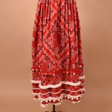 Red Bandana Print Handmade Maxi Skirt, XS-M