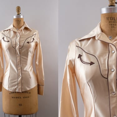 Vintage 70s H Bar C California Ranchwear Gold Satin Western Shirt Women’s XS 
