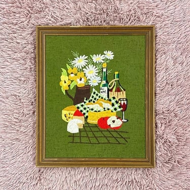 Vintage Food Crewel 1970s Retro Size 25x21 Mid Century Modern + Cheese + Wine + Bread + Flowers + Kitchen or Dining + Embroidery + Homemade 
