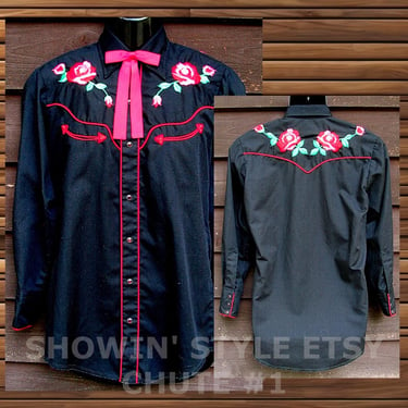 Chute #1 Vintage Western Men's Cowboy & Rodeo Shirt, Black with Embroidered Red Roses and Red Piping, Approx. Small (see meas. photo) 