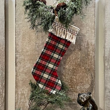 Traditional Christmas plaid stocking handmade in wool, embroidered and embellished with leather hanging tag 
