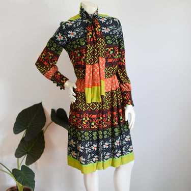 late 60s/ early 70s Acrylic Jersey Neon Patterned Dress - S 