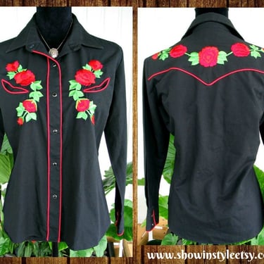 Karman Vintage Western Cowgirl Shirt, Rodeo Blouse, Embroidered Red Roses, Tag Size 14/36, Approx. Size Medium (see meas. photo) 