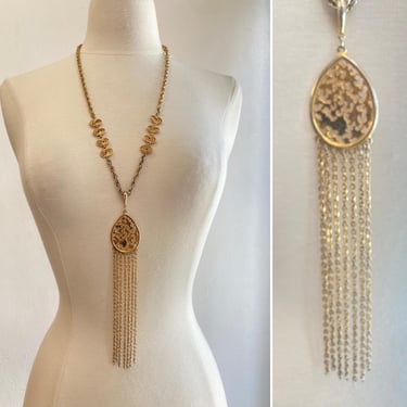 Vintage 70s 80s Necklace / Long Pendant STATEMENT / Gold Boho Medallion with FRINGE 