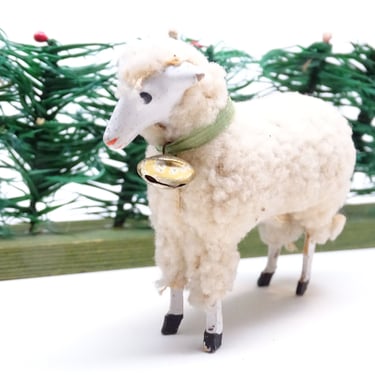 Antique 1930's German 2 3/4  Inch Wooly Sheep with Bell, for Putz or Christmas Nativity Creche, Toy Lamb 