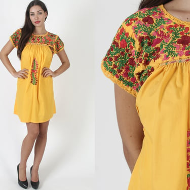 Marigold Yellow Oaxacan Dress / Bright Floral Mexican Sundress / Hand Embroidered San Antonio Mini 