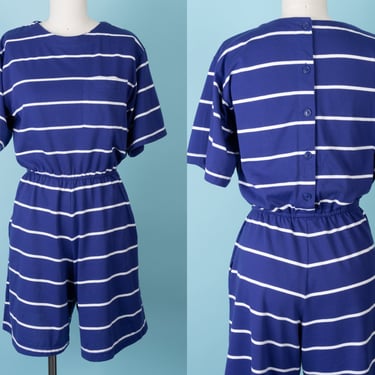 Vintage 80s S. Roberts Purple and White Stripe Romper with Button Back and Pockets 