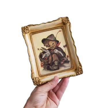 Vintage Framed Hummel Print of Boy With Bunny Rabbits / Small MJ Hummel Reproduction Just Friends No. 10 