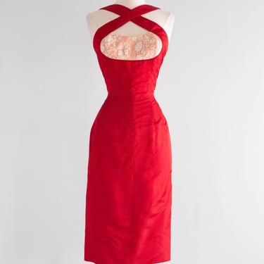 Iconic 1950's Don Loper Crimson Silk Halter Neck Cocktail Dress / Small