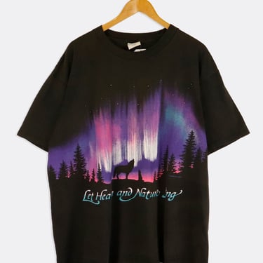 Vintage Let Heaven And Nature Sing Northern Lights Wolves Howling Silhouette T Shirt Sz XL