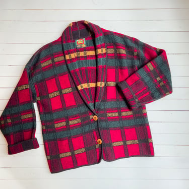 plaid wool sweater | 80s 90s vintage Alps red green dark academia cottagecore grandpa cardigan knit wool jacket 