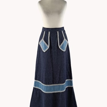 Tabu 1970s Blue Denim High Waist Maxi Skirt - Finnish Vintage - Size S 