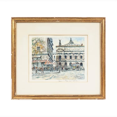 Vintage Pierre Eugene Cambier Watercolor Painting Paris Place de l'Opéra 