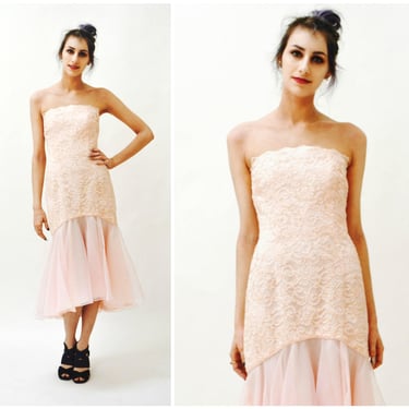 Vintage 80s 90s Vintage Pink Lace Dress Small Medium// 80s Pink Party Prom Dress by AJ Bari Strapless Party Wedding Dress 