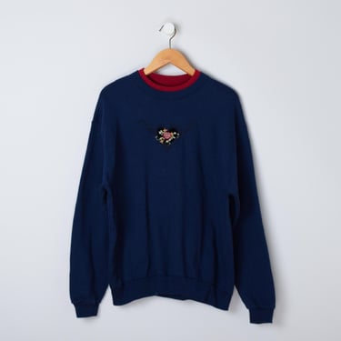 Vintage 90s Embroidered Heart Sweatshirt - navy & red, flowers, pullover, kitschy - Women's 1X 