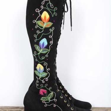 Penny Lane Boots Vintage Black 60s Gogo Boots with Floral Embroidery & Lace Ups 70s Boots Twiggy Retro 