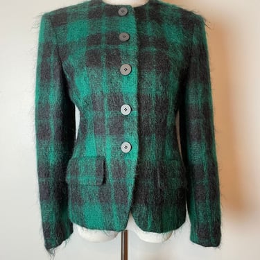 90’s black & green block plaid Mohair~ Hipster hairy blazer grunge style mod vintage size 4-6 