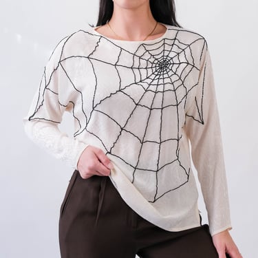 Vintage 80s AMEN WARDY Ivory Silk Mosaic Brocade Dolman Sleeve Blouse w/ Beaded Spiderweb Design | 100% Silk | 1980s Designer Silk Top 