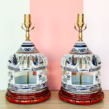 Pair of Blue and White Ceramic Birdcage Lamps