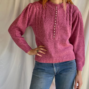 Vintage Pearl Sweater / 80’s Beaded Pale Pink Sweater / Shoulder Pad Fuzzy Sweater / Puffed Sleeves / Slouchy Sweater 