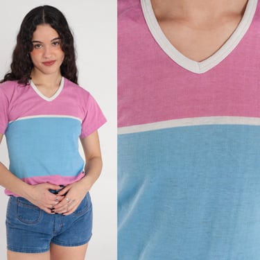 80s Ringer Tee Pink Blue Color Block T Shirt TShirt Striped Top V Neck Shirt Athletic Shirt Vintage 1980s Small 