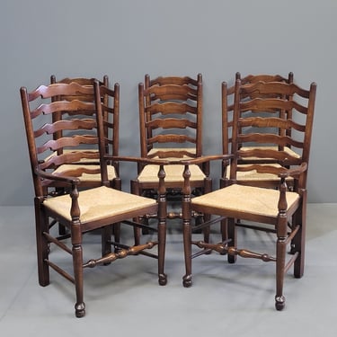 Vintage Custom Made English Oak Ladderback Chairs With Rush Seats - Set of 8