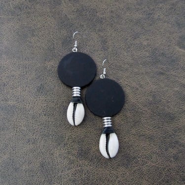 Large black and silver cowrie shell earrings 