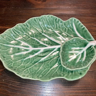 Vintage Majolica Portugal Bordallo Pinheiro~ Green Cabbage Leaf Small platter with dip bowl~French Country Vegetable Tray, Cheese Board 