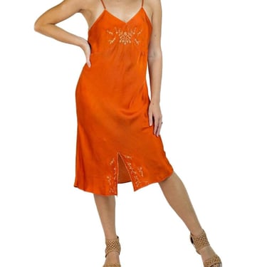 1930S Orange Silk Dye Slip Dress With Embroidered Bust 