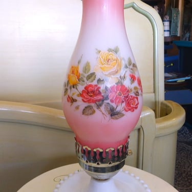 VINTAGE Hobnail Hostess Milk Glass Lamp, Hand Painted Floral Shade, GWT Style, Farmhouse Decor 