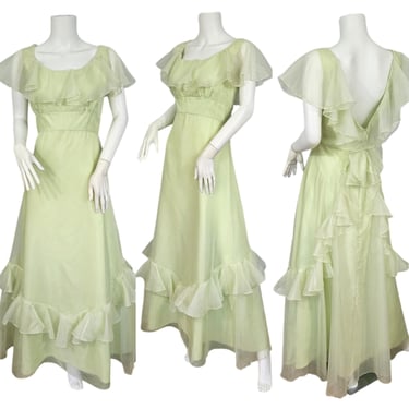 Lorrie Deb 1970's Pistachio Green Nylon Chiffon Ruffled Maxi Dress I Sz Med 