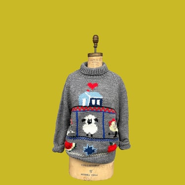 Vintage Sweater Retro 1980s Hand Made by Jean Stevens + Hand Knit + Cottagecore + Sheep + Chicken + Grey + Novelty Print + Womens Apparel 