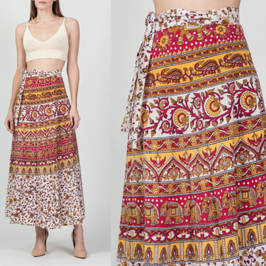 70s Boho Indian Block Print Wrap Skirt - Medium | Vintage Hippie Batik Cotton Elephant Floral A Line Maxi 